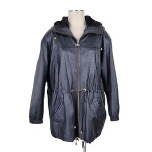 Global Identity GIII Leather Coat Women Size 1X Black  Faux Fur Lined Hood Zip